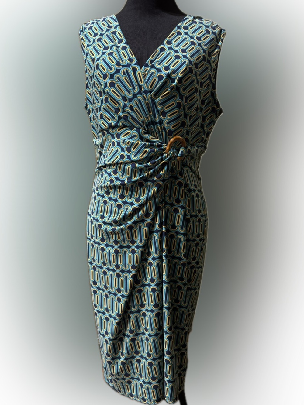 Jones New York Teal and Navy Geometric Midi Dress with Buckle NWT 12P